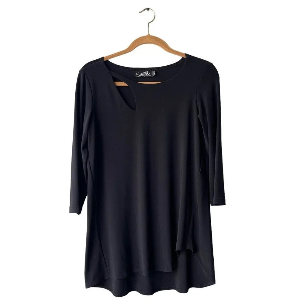 Sympli Women's Jersey Knit Top Size 8 Asymmetrical Hem 3/4 Sleeve Keyhole Neck